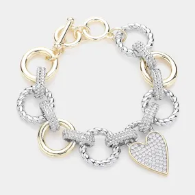 14K Gold Plated Metal Link CZ Paved Heart Pendant Toggle Bracelet