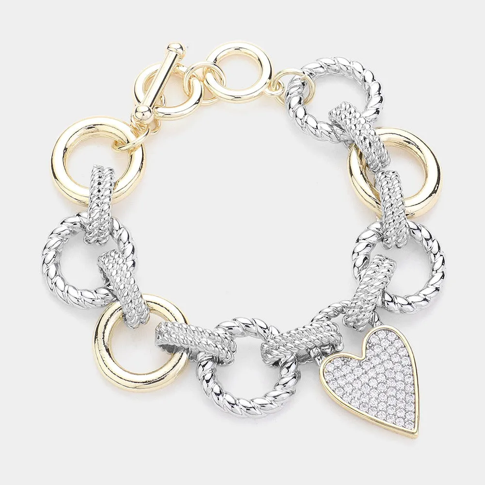14K Gold Plated Metal Link CZ Paved Heart Pendant Toggle Bracelet