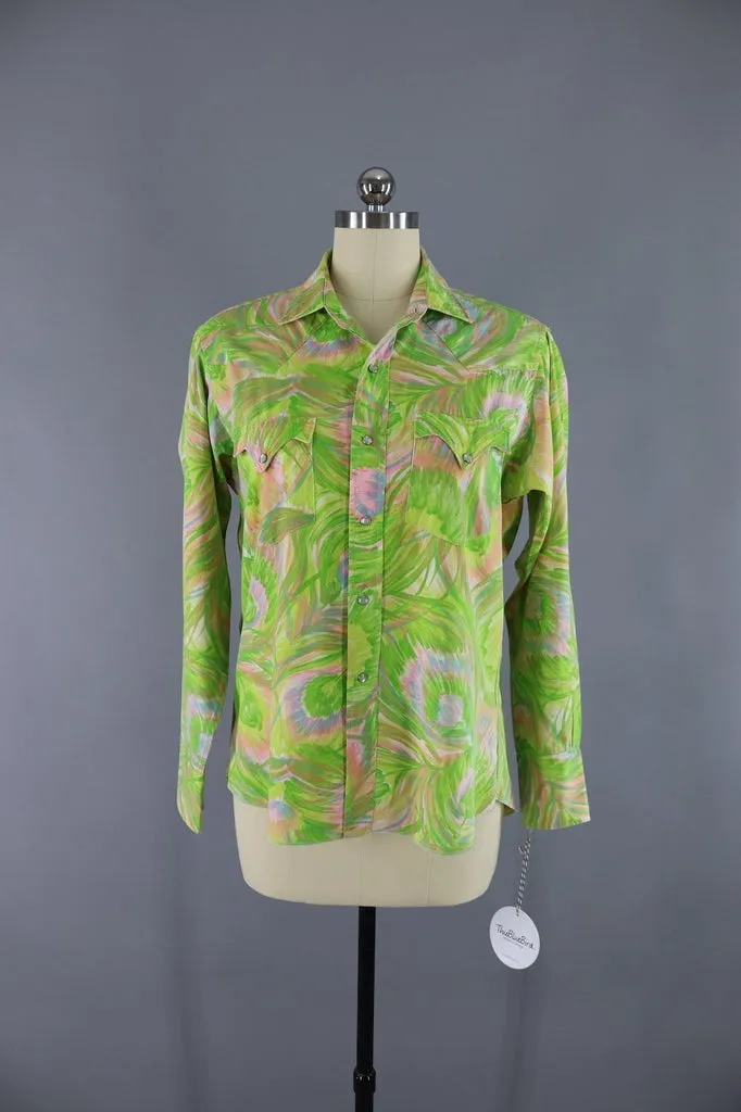 1960s Vintage Western Shirt / Green & Pink Print