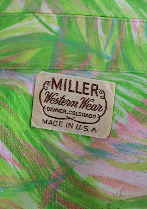 1960s Vintage Western Shirt / Green & Pink Print