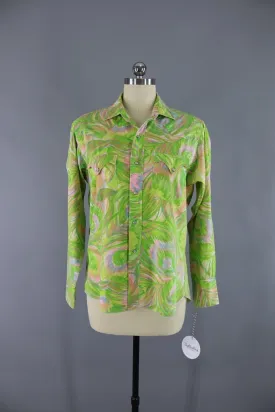 1960s Vintage Western Shirt / Green & Pink Print