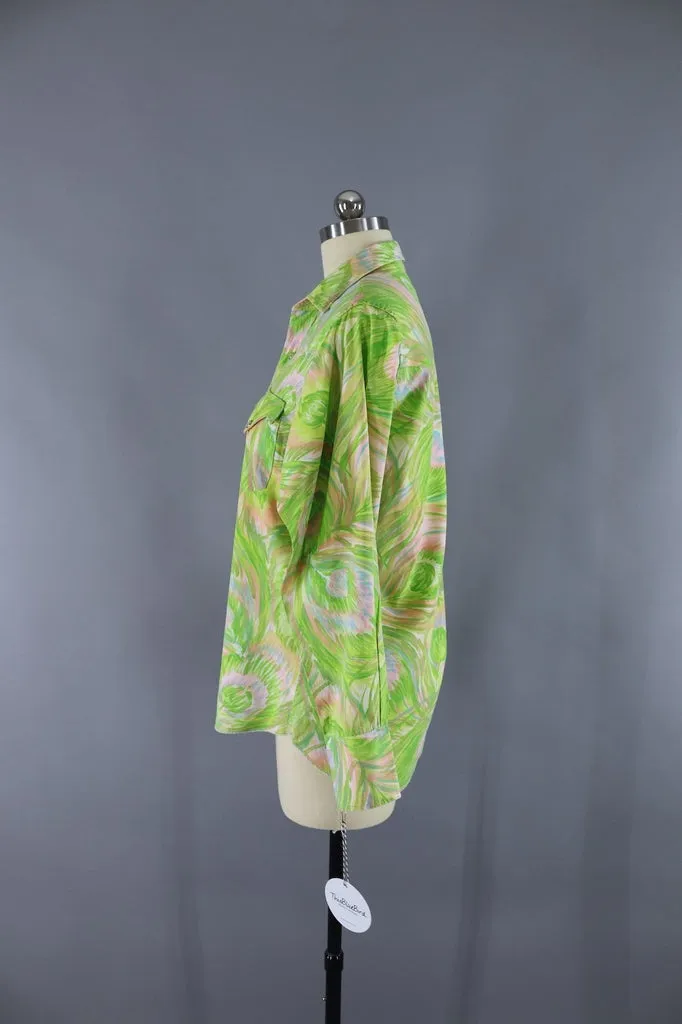 1960s Vintage Western Shirt / Green & Pink Print