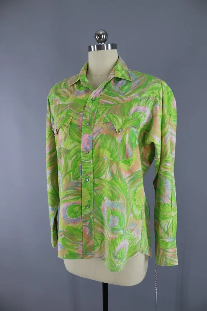 1960s Vintage Western Shirt / Green & Pink Print