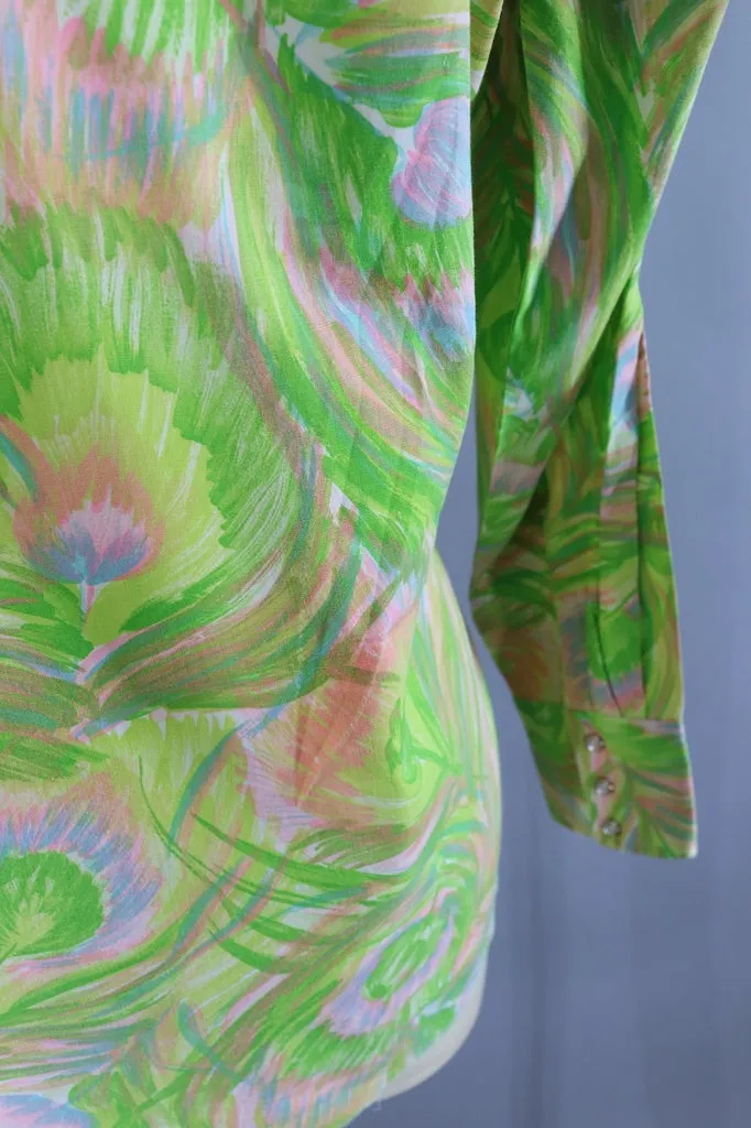 1960s Vintage Western Shirt / Green & Pink Print