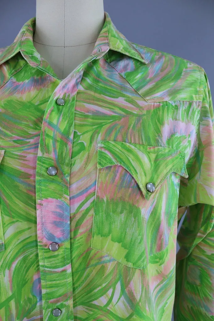 1960s Vintage Western Shirt / Green & Pink Print