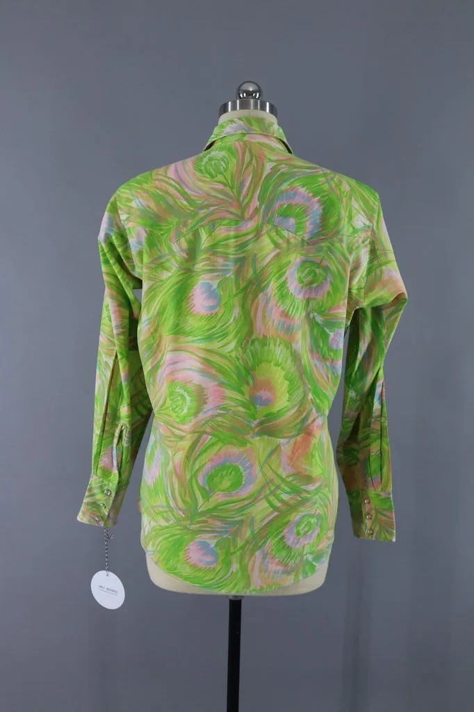1960s Vintage Western Shirt / Green & Pink Print