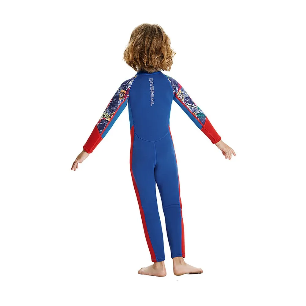 2.5mm Neoprene Full Length Kids Swimsuit, Blue & Bright Red Travel Theme, Full Sleeves swimwear
