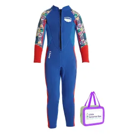 2.5mm Neoprene Full Length Kids Swimsuit, Blue & Bright Red Travel Theme, Full Sleeves swimwear