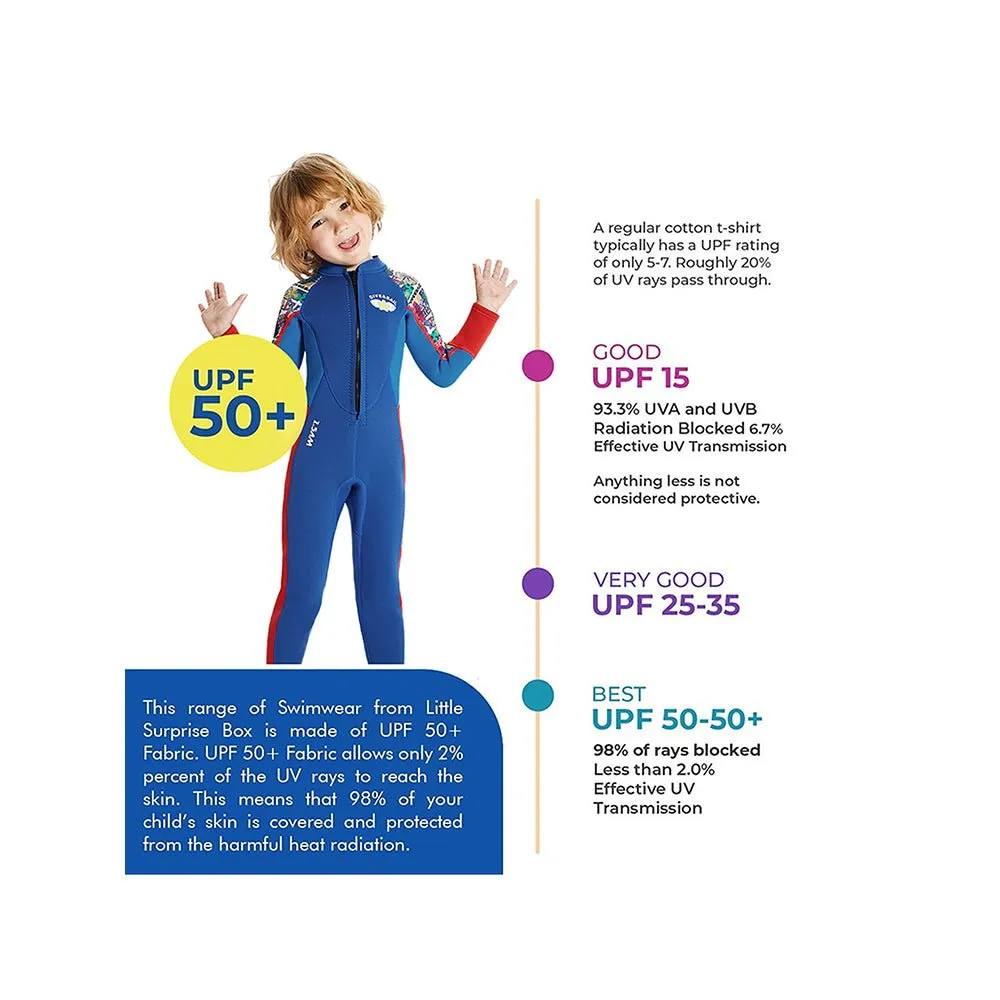 2.5mm Neoprene Full Length Kids Swimsuit, Blue & Bright Red Travel Theme, Full Sleeves swimwear