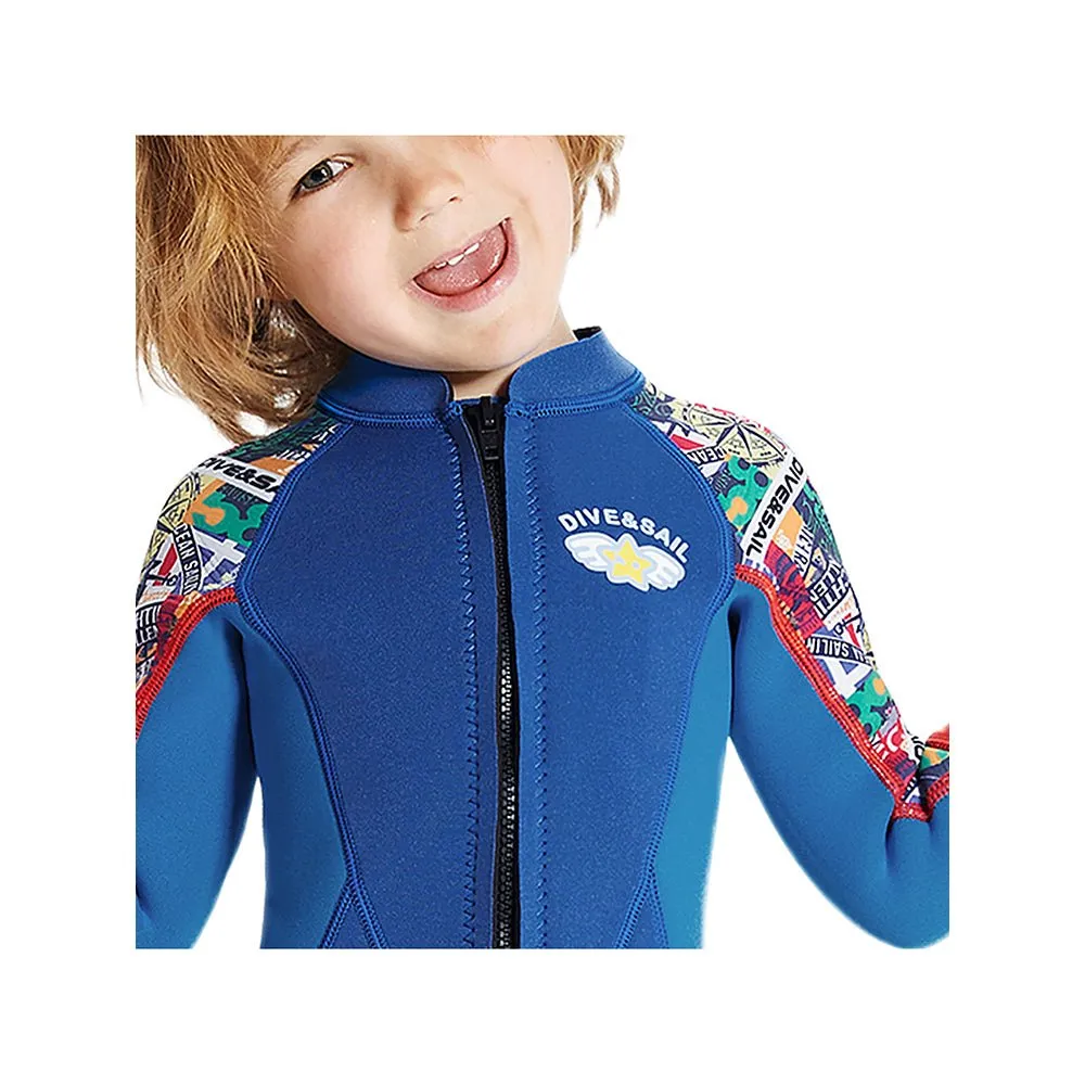 2.5mm Neoprene Full Length Kids Swimsuit, Blue & Bright Red Travel Theme, Full Sleeves swimwear