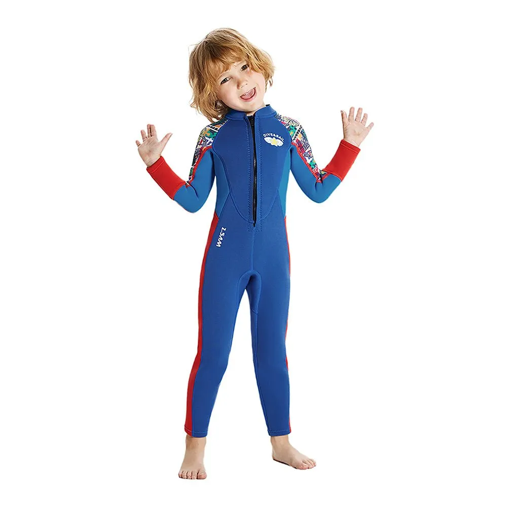2.5mm Neoprene Full Length Kids Swimsuit, Blue & Bright Red Travel Theme, Full Sleeves swimwear