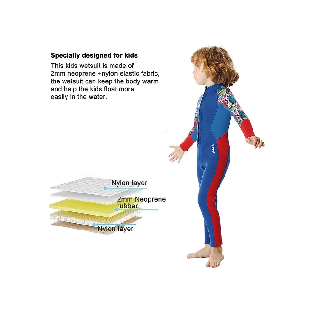 2.5mm Neoprene Full Length Kids Swimsuit, Blue & Bright Red Travel Theme, Full Sleeves swimwear