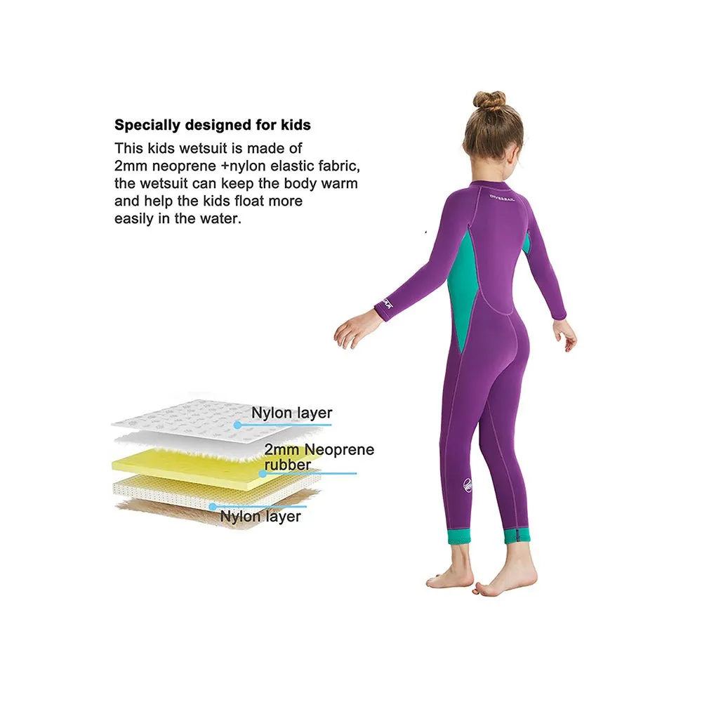 2.5mm Neoprene Full Length Kids Swimsuit, Purple & Turquoise Full Sleeves swimwear