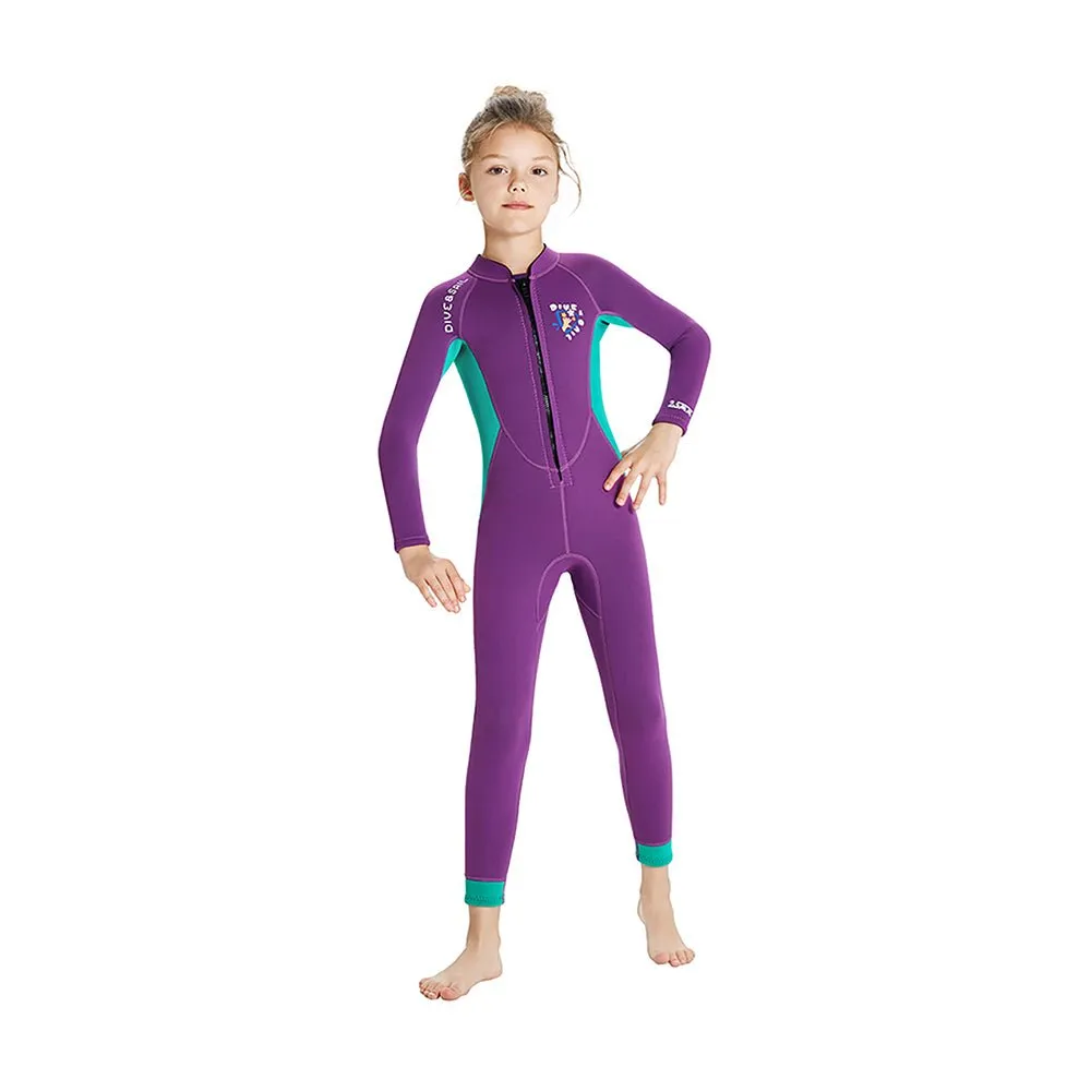 2.5mm Neoprene Full Length Kids Swimsuit, Purple & Turquoise Full Sleeves swimwear
