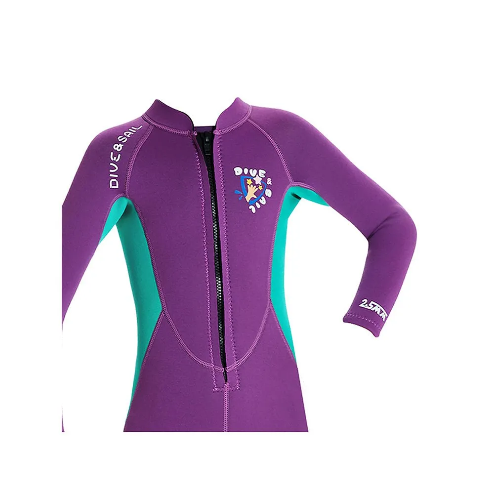 2.5mm Neoprene Full Length Kids Swimsuit, Purple & Turquoise Full Sleeves swimwear