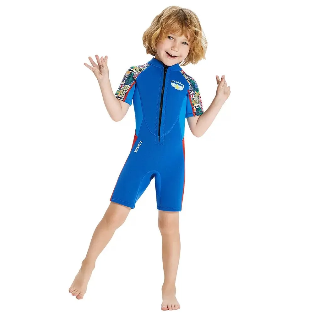 2.5mm Neoprene Knee Length Kids Swimsuit, Blue & Bright Red Travel Theme, Half Sleeves Swimwear