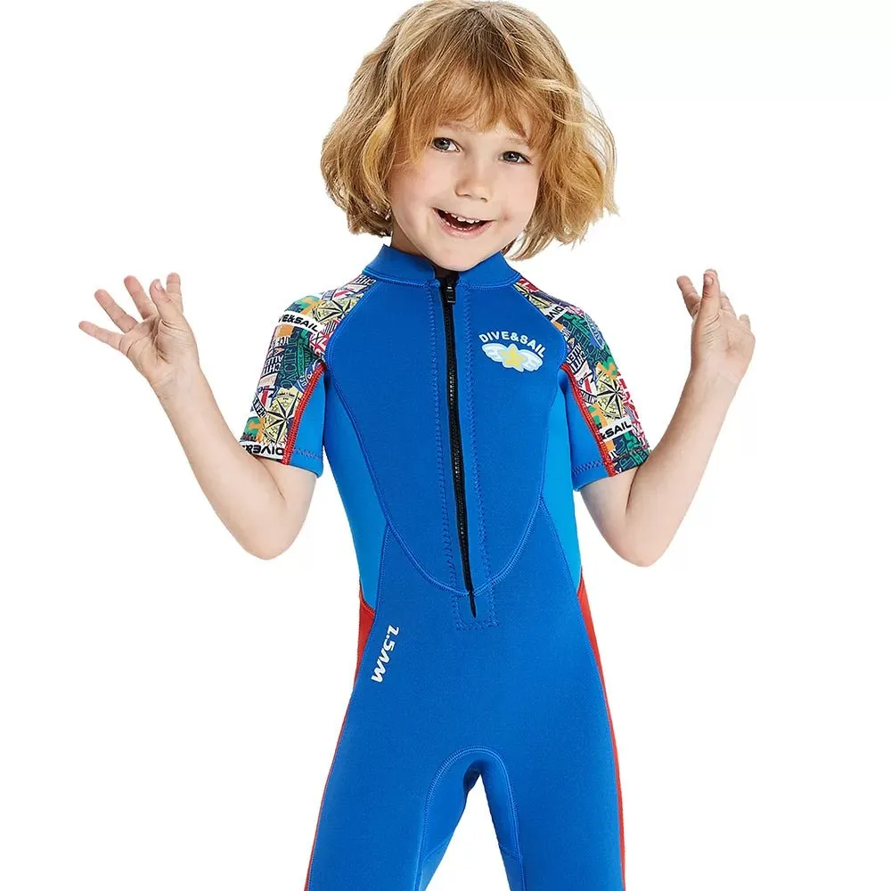 2.5mm Neoprene Knee Length Kids Swimsuit, Blue & Bright Red Travel Theme, Half Sleeves Swimwear