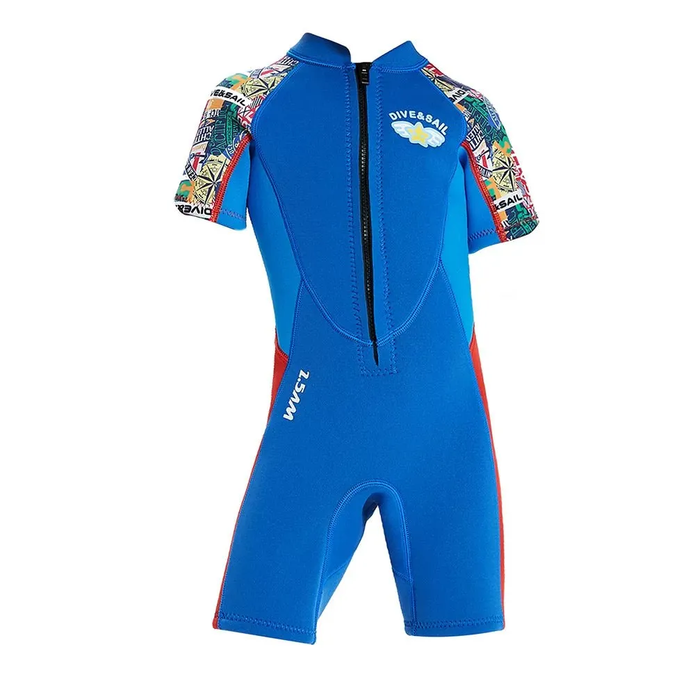 2.5mm Neoprene Knee Length Kids Swimsuit, Blue & Bright Red Travel Theme, Half Sleeves Swimwear