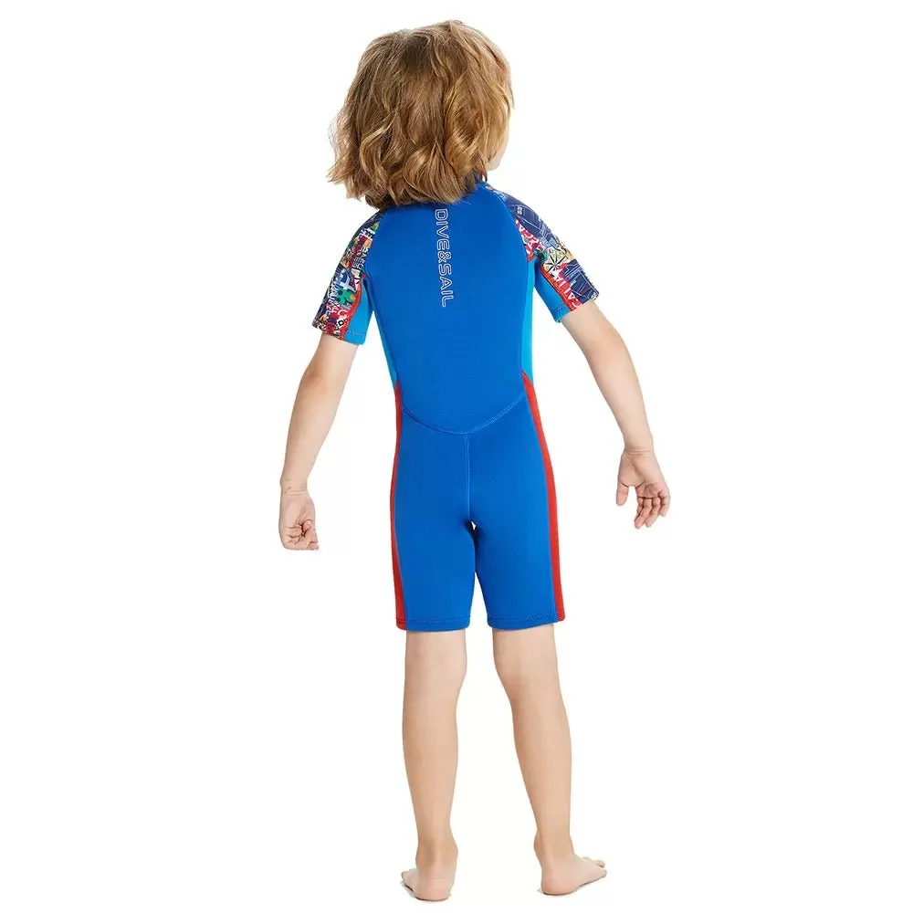 2.5mm Neoprene Knee Length Kids Swimsuit, Blue & Bright Red Travel Theme, Half Sleeves Swimwear