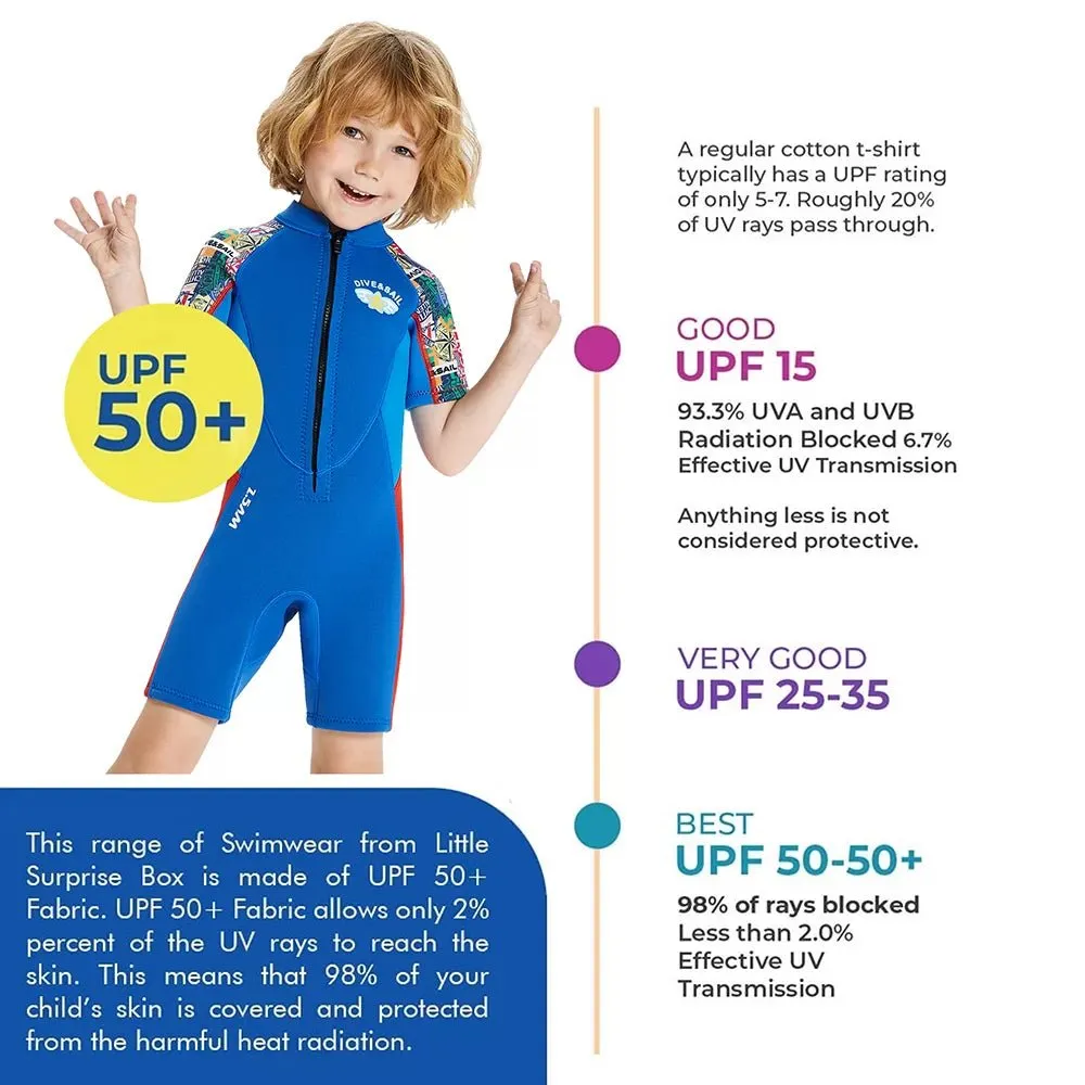 2.5mm Neoprene Knee Length Kids Swimsuit, Blue & Bright Red Travel Theme, Half Sleeves Swimwear