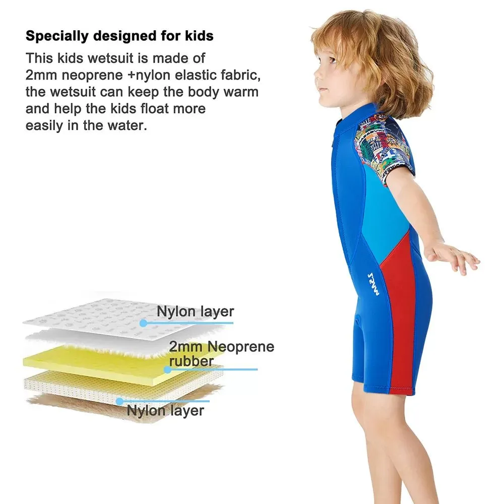 2.5mm Neoprene Knee Length Kids Swimsuit, Blue & Bright Red Travel Theme, Half Sleeves Swimwear