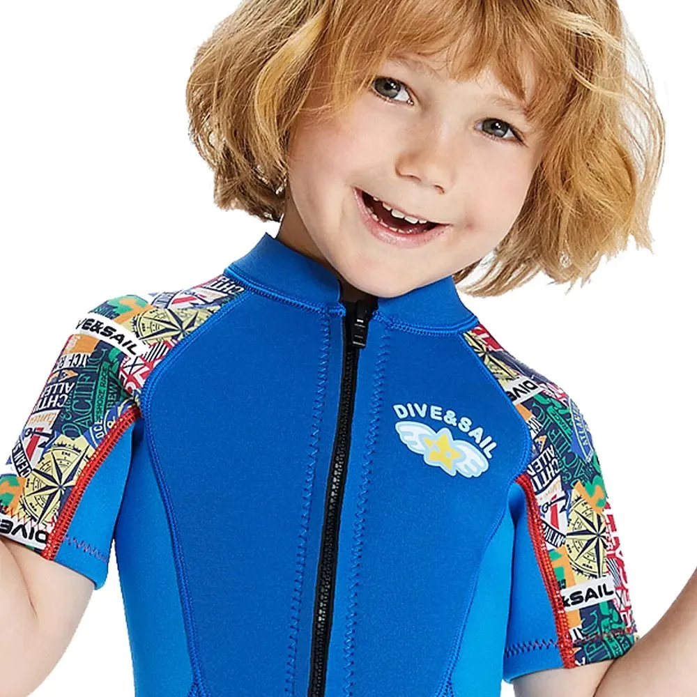 2.5mm Neoprene Knee Length Kids Swimsuit, Blue & Bright Red Travel Theme, Half Sleeves Swimwear