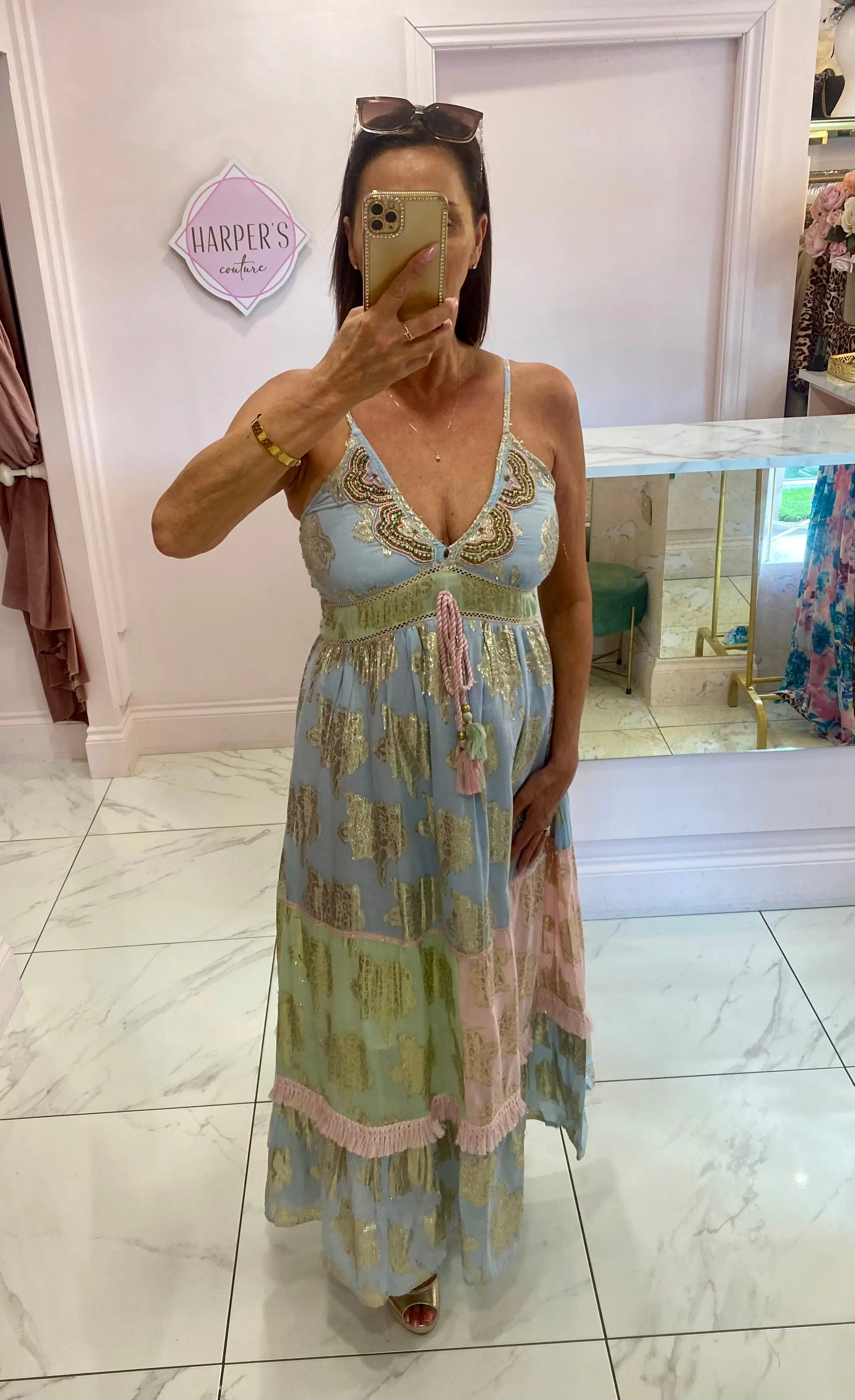 Becca Blue & Gold Kaftan Dress - Resort wear