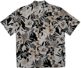 Black Hawaiian Aloha Shirt with Pineapple and Hibiscus Print