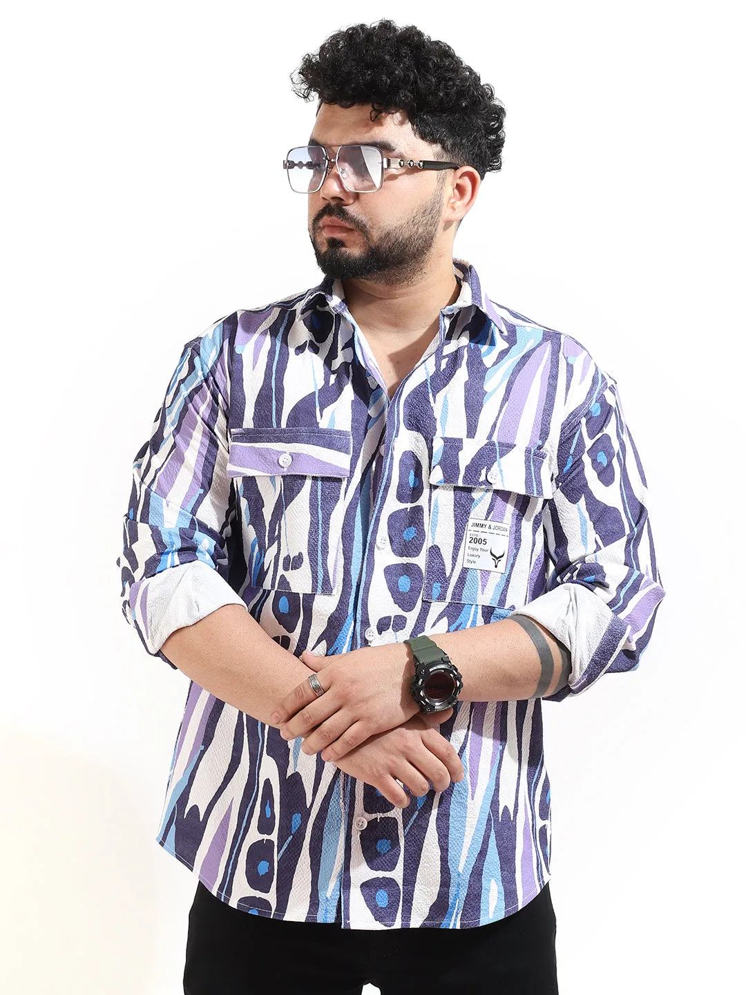 Blue Double Pocket Print Shirt