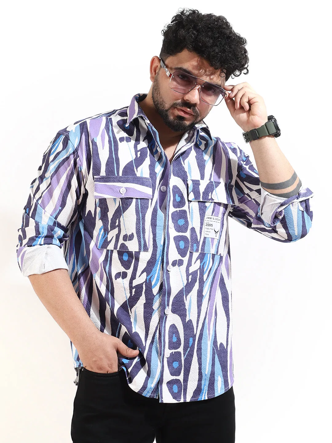 Blue Double Pocket Print Shirt