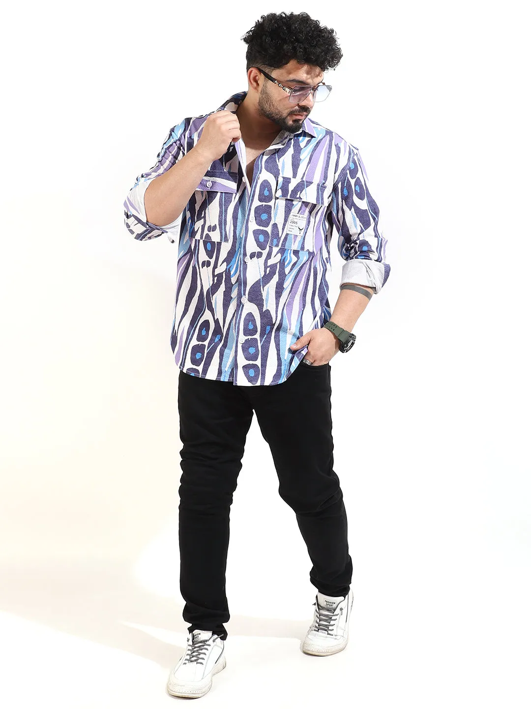Blue Double Pocket Print Shirt