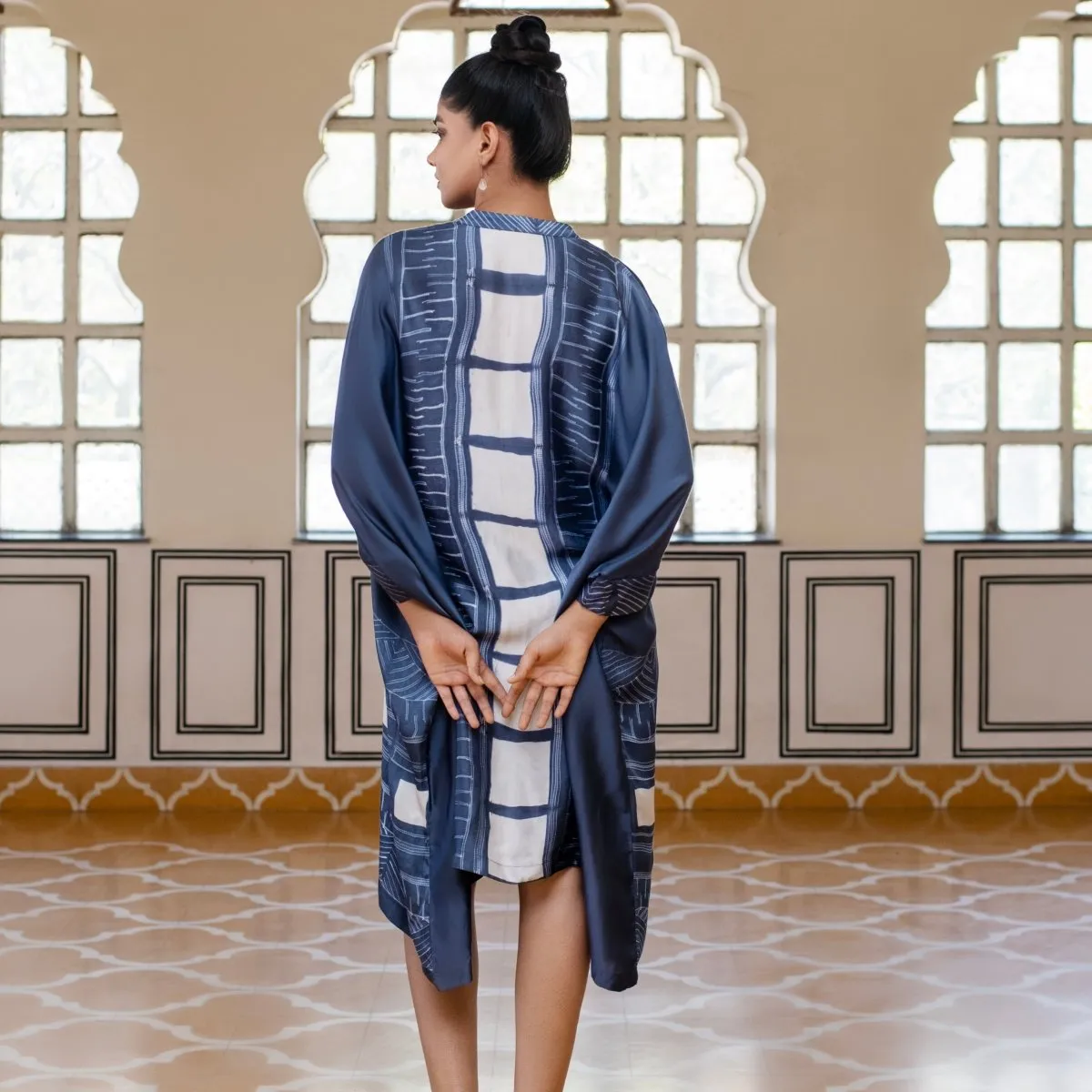 Blue-Grey Tie Dye Kaftan Silk Summer Dress