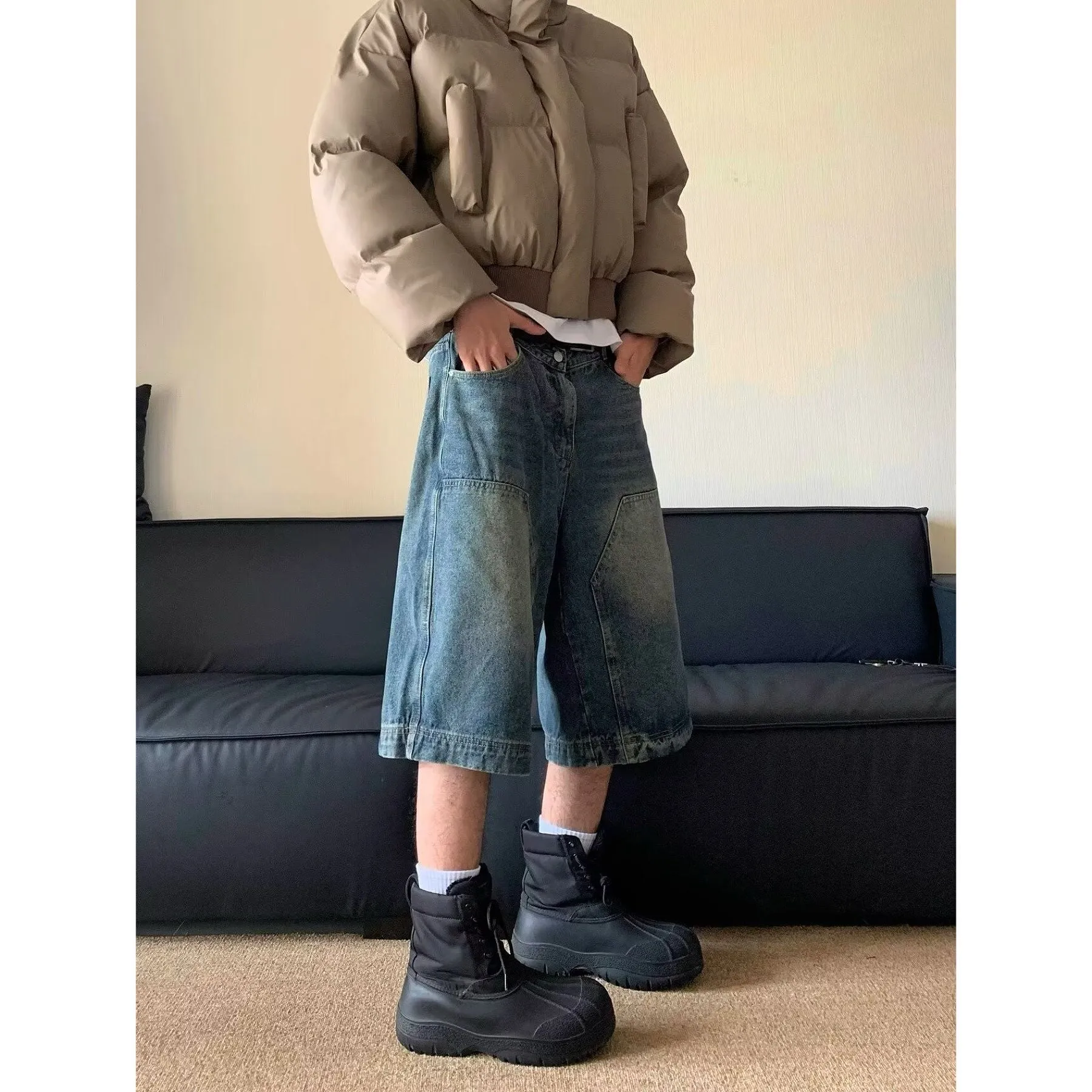 Bonsir 90s streetwear American-Style Retro Washed High Street Stitching Denim Shorts Men's and Women's Summer Wide-Leg Distressed Casual All-Match Cropped Pants