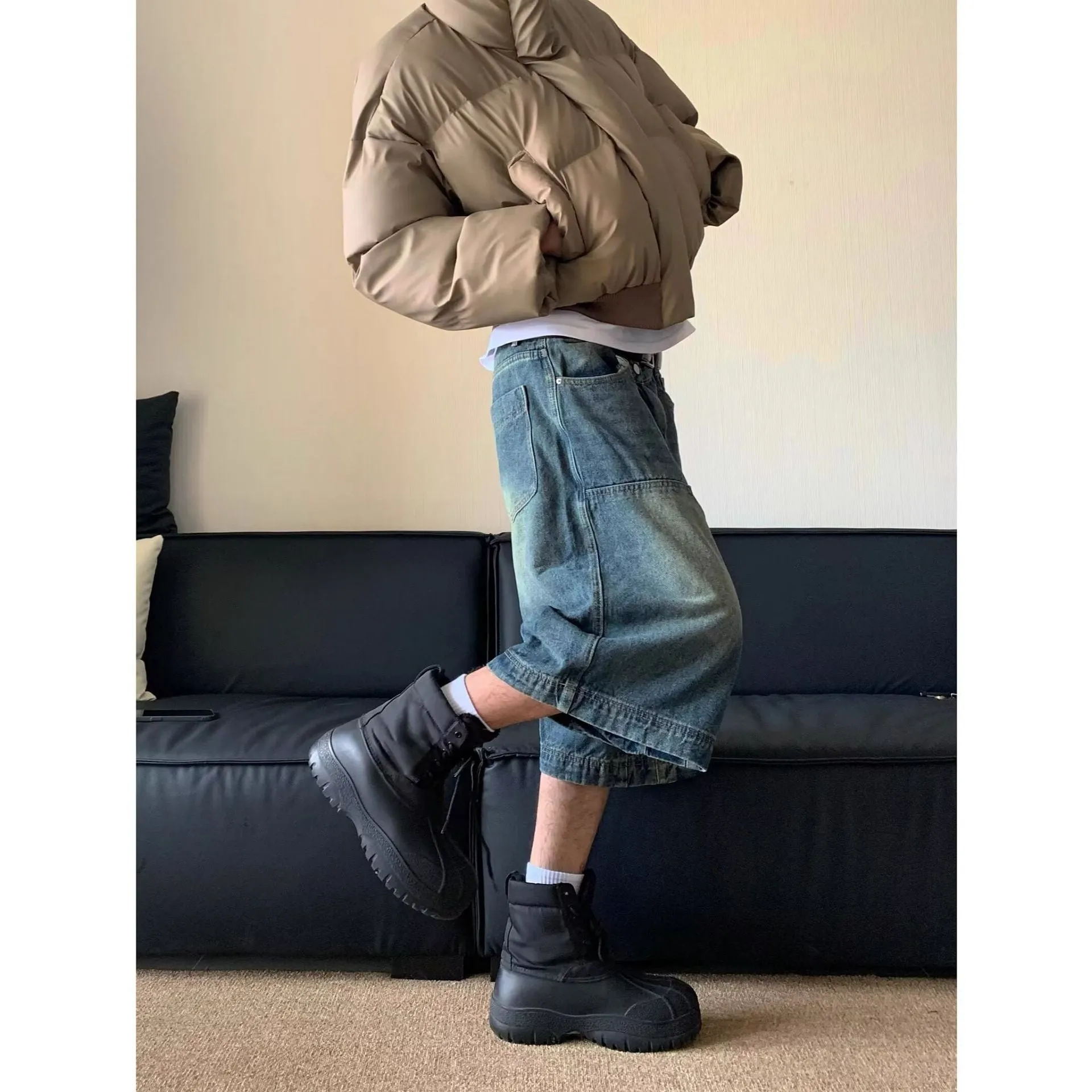 Bonsir 90s streetwear American-Style Retro Washed High Street Stitching Denim Shorts Men's and Women's Summer Wide-Leg Distressed Casual All-Match Cropped Pants