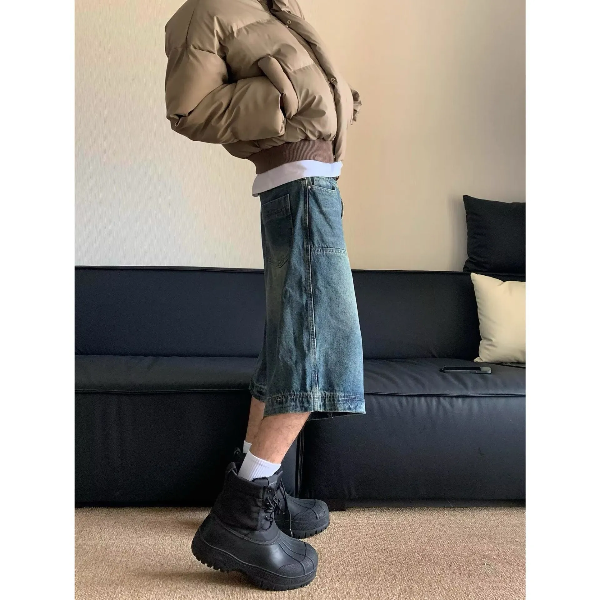 Bonsir 90s streetwear American-Style Retro Washed High Street Stitching Denim Shorts Men's and Women's Summer Wide-Leg Distressed Casual All-Match Cropped Pants