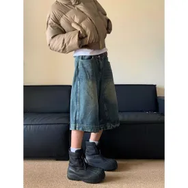Bonsir 90s streetwear American-Style Retro Washed High Street Stitching Denim Shorts Men's and Women's Summer Wide-Leg Distressed Casual All-Match Cropped Pants