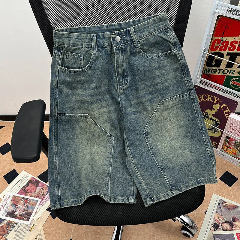 Bonsir 90s streetwear American-Style Retro Washed High Street Stitching Denim Shorts Men's and Women's Summer Wide-Leg Distressed Casual All-Match Cropped Pants
