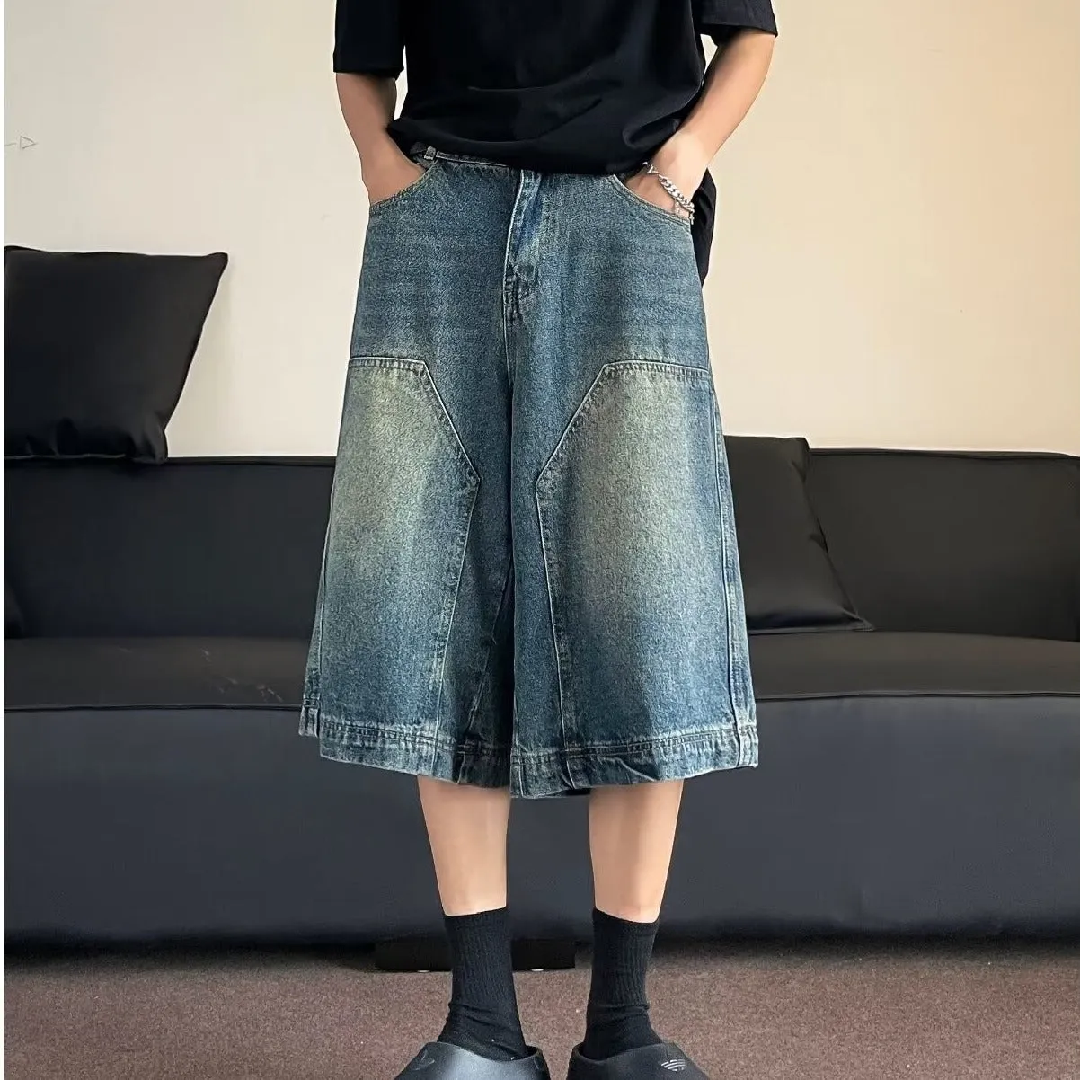 Bonsir 90s streetwear American-Style Retro Washed High Street Stitching Denim Shorts Men's and Women's Summer Wide-Leg Distressed Casual All-Match Cropped Pants