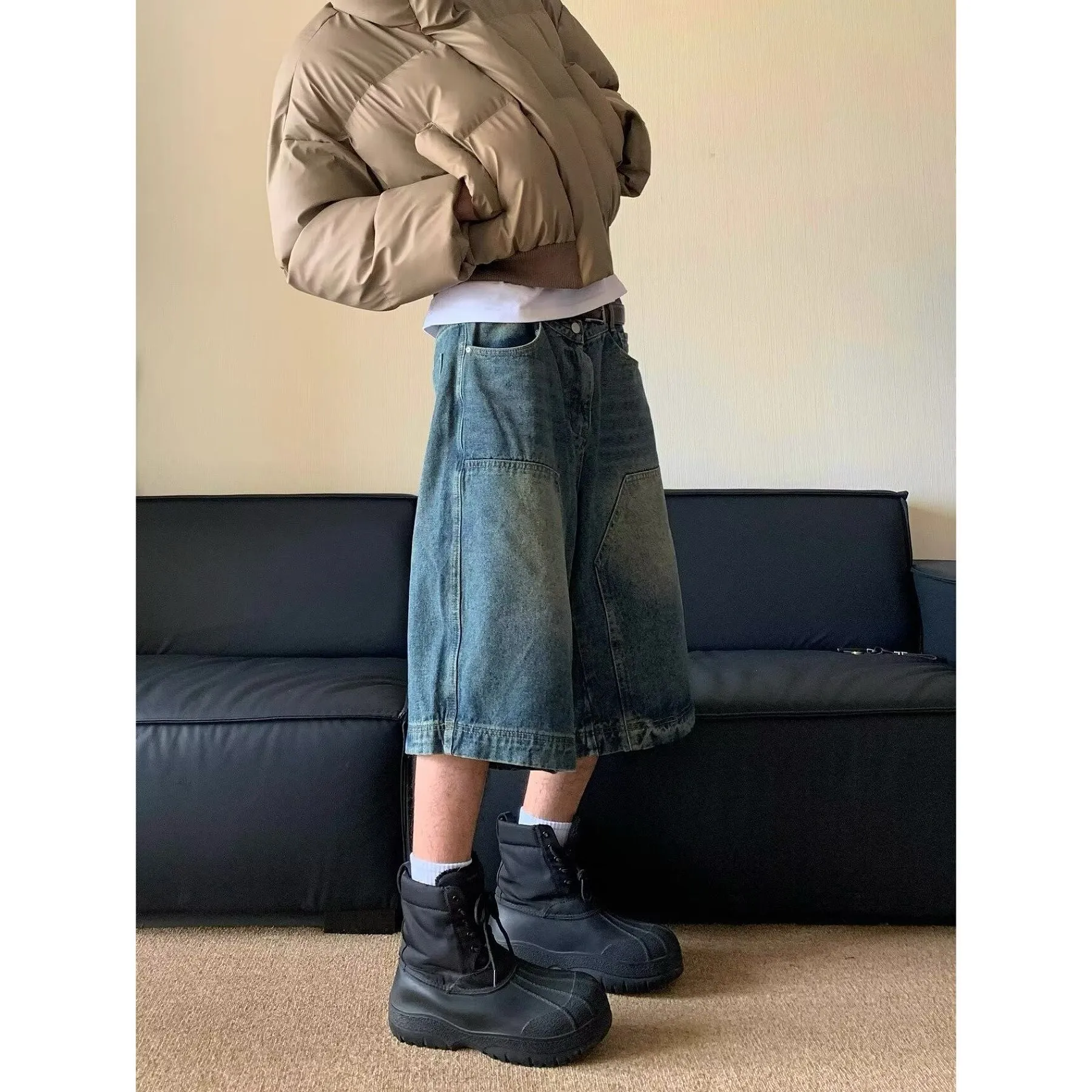 Bonsir 90s streetwear American-Style Retro Washed High Street Stitching Denim Shorts Men's and Women's Summer Wide-Leg Distressed Casual All-Match Cropped Pants