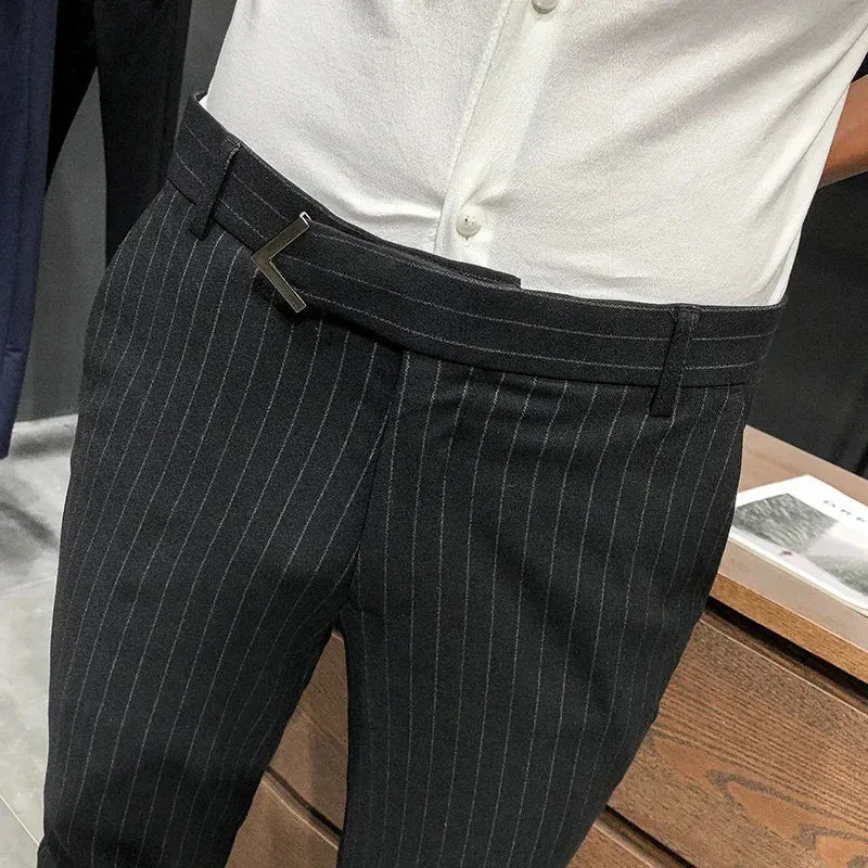BONSIR   -  British Style Suit Pants Men Dress Pants Social Slim Fit Office Trousers Men Grey Spring New Striped Belt Trousers Men's