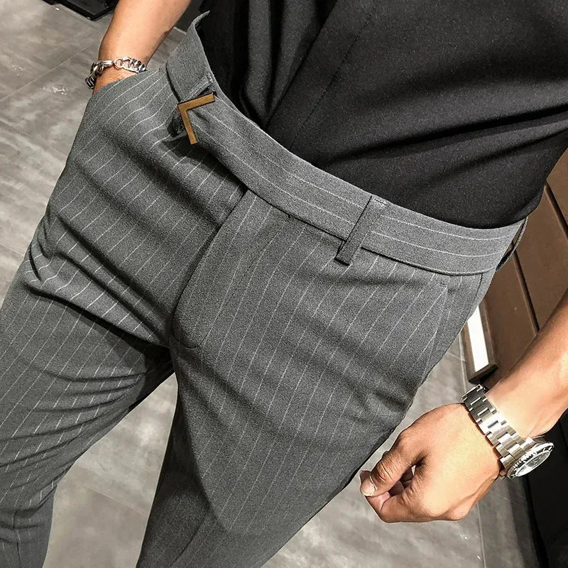 BONSIR   -  British Style Suit Pants Men Dress Pants Social Slim Fit Office Trousers Men Grey Spring New Striped Belt Trousers Men's