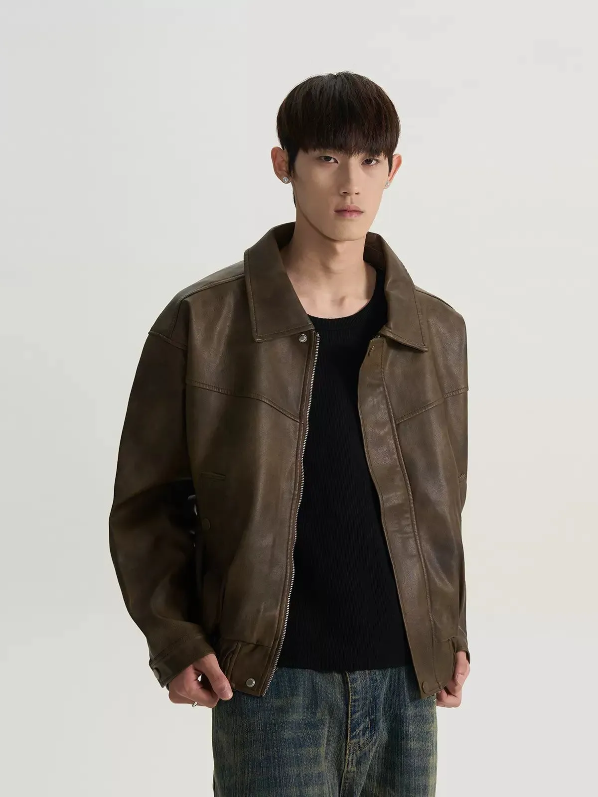 Buttoned and Zippered PU Leather Jacket