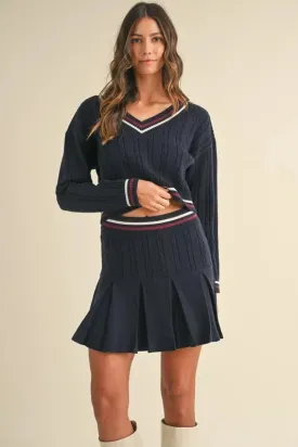 Cable-Knit Top and Pleated Skirt Sweater Set