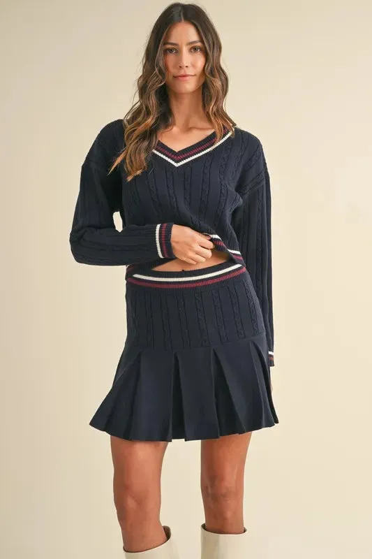 Cable-Knit Top and Pleated Skirt Sweater Set