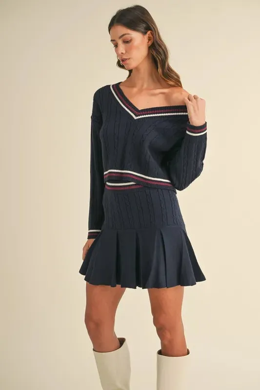 Cable-Knit Top and Pleated Skirt Sweater Set