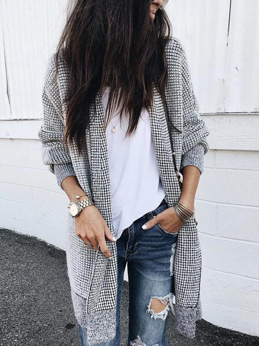 Cardigan à Carreaux et Manches Longues avec Poches