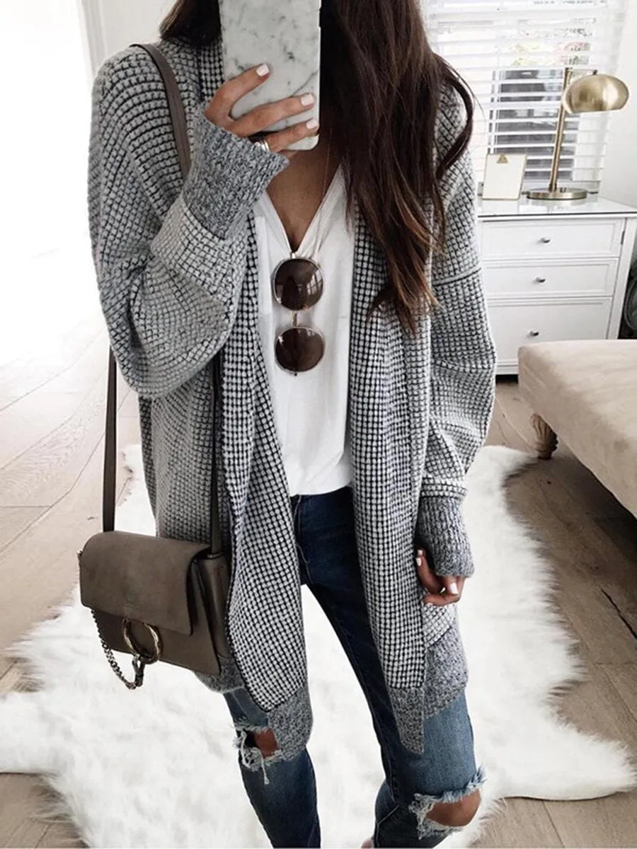Cardigan à Carreaux et Manches Longues avec Poches