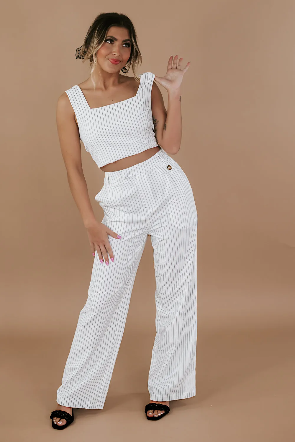 Classy Pin Stripe Set, White