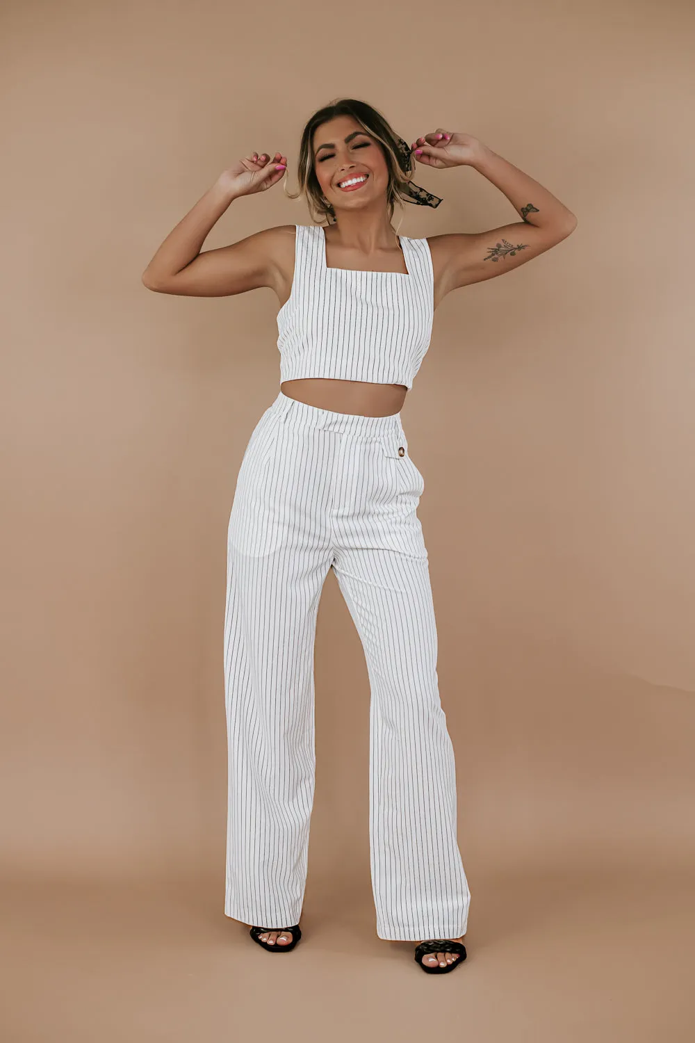 Classy Pin Stripe Set, White