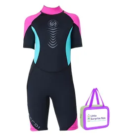 Colorblock Pink & Black 2.5mm Neoprene Knee Length Kids Swimsuit, Half Sleeves Swimwear
